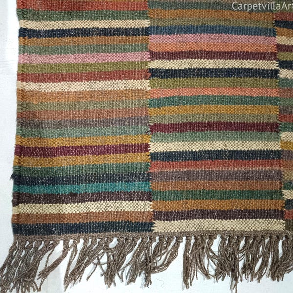 Handwoven Vintage Indian dhurrie - Handmade wool jute kilim Southwestern Navajo Rug