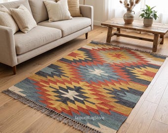 Handwoven Wool Jute Kilim Rug, Traditional Geometric Design, Custom Size Home Decor