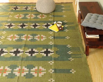 Handwoven Wool Jute Kilim Rug, Green Geometric Indian Dhurrie