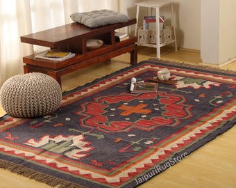 Kilim Handmade Wool Jute Vintage Turkish Boho Farmhouse Tribal Dhurrie Living Room Carpet Custom