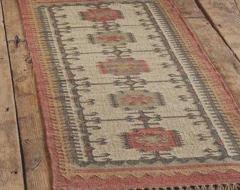 Handwoven Wool Jute Kilim Rug – Vintage Indian Dhurrie