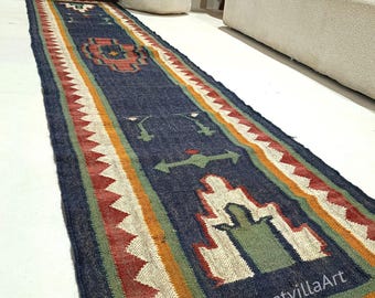 Handwoven Blue Kilim Runner Rug, Geometric Wool Jute Blend