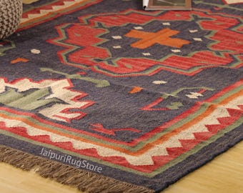 Handwoven Kilim Area Rug Wool Jute Southwestern Moroccan Bohemian Vintage Carpet Bedroom Floor Decor