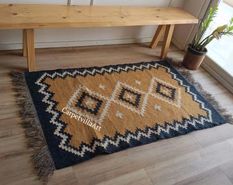 Handwoven Wool Jute Kilim Rug, Bohemian Dhurrie Rug