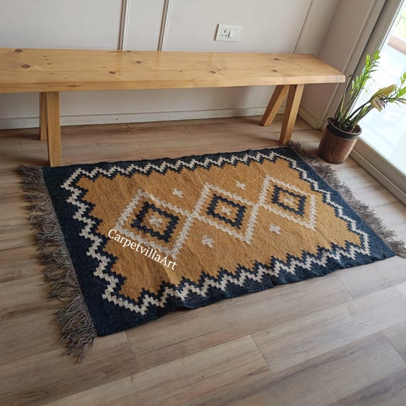 Handwoven Wool Jute Kilim Rug, Bohemian Dhurrie Rug