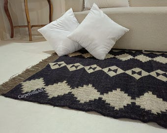 Handmade wool jute kilim rug handwoven Indian dhurrie custom size area rug