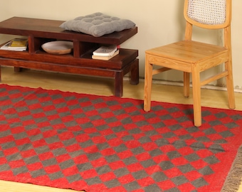 Handwoven Wool Jute Kilim Rug, Red & Grey Indian Dhurrie