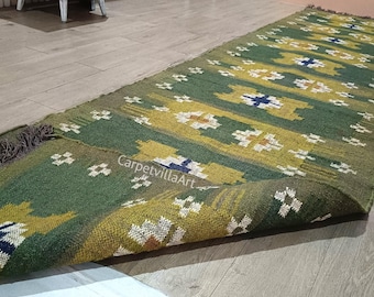 Handwoven Geometric Indian Kilim, Runner Rug for Stairs Kitchen, Bedside, Hallway, Entry, Custom