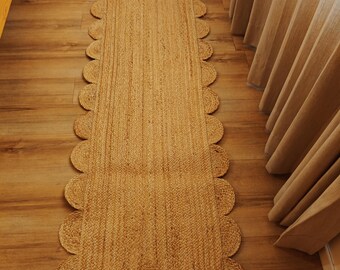 Handwoven Jute Scalloped Runner Rug, Boho Decor, Custom Size