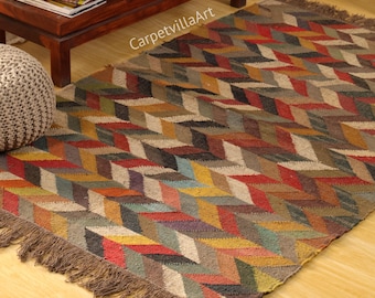 Handwoven Wool Jute Kilim Rug: Indian Dhurrie, Geometric Design