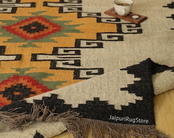 Handwoven Wool Jute Kilim Dhurrie Rug, Traditional Indian Geometric Home Decor