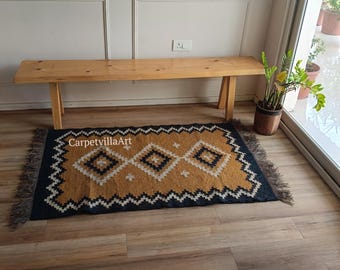 Handwoven Wool Jute Rug, Traditional Indian Kilim Design