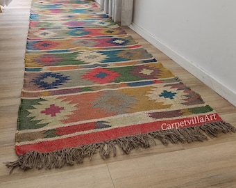 Handwoven Kilim Rug, Geometric Wool Jute Dhurrie, Custom Size