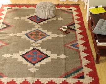 Handmade Wool jute Kilim Rug, Navajo Kilim Runner Rug, Aztec Rug, Accent Rug,