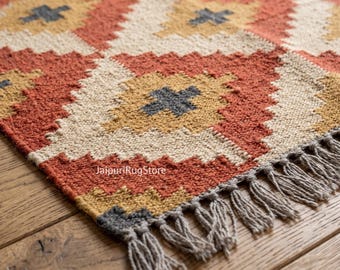 Handwoven Wool Jute Kilim Runner Rug| Boho Hallway Stair Runner, Entryway Rug, Custom Size Indian Dhurrie, premium Wool Jute Runner