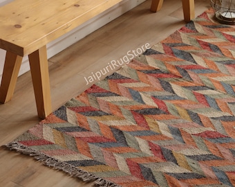 Handwoven Wool Jute Kilim Rug, Geometric Dhurrie, Indian multicolor large area carpet boho Decor