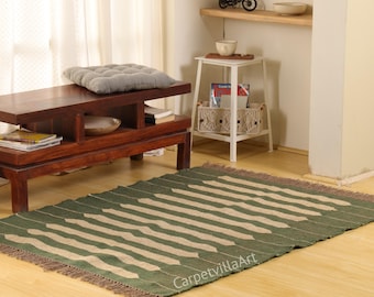 Handwoven Wool Jute Kilim Rug, Green Geometric Dhurrie, Custom Size