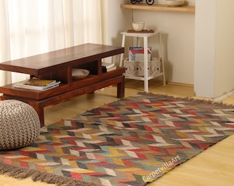 Handwoven Wool Jute Kilim Rug, Bohemian Southwestern Decor