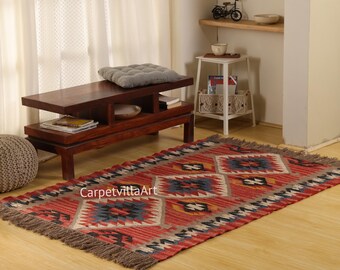 Handwoven Southwestern Dhurrie Rug, Vintage Indian Kilim Rug, Handmade Wool Jute Area Rug, Boho Tribal Carpet, Navajo Style Accent Rug