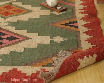 Handwoven Wool Jute Kilim Rug, Traditional Indian Dhurrie Area Rug