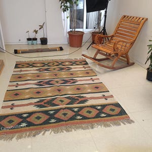 Tapete kilim de lã feito à mão, área kilim, tecido plano, navajo, tecido à mão, grande, boho, sala de estar, área externa, decorativo