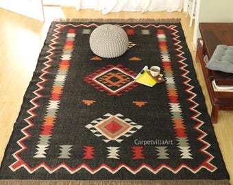 Handmade Wool Jute Kilim Rug, Turkish Bohemian Geometric Carpet