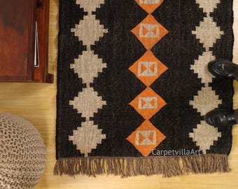 Handwoven Wool Jute Kilim Runner – Geometric Pattern, Ethnic Boho Dhurrie Rug