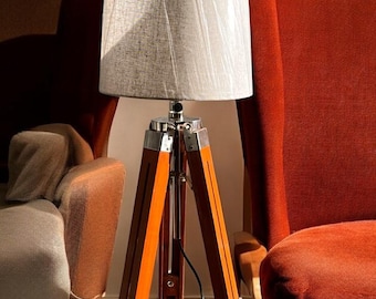 Modern Brown Tripod Floor Lamp – Elegant Wooden & Aluminum Lighting Accent