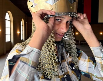 King Arthur Crown Helmet | Handmade Medieval Knight Helmet with Chainmail