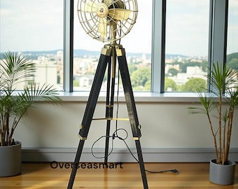 Brass Finish Tripod Floor Fan: Retro Industrial Style Decor