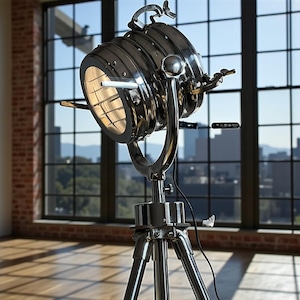 May include: A chrome-finished spotlight lamp on a tripod base. The lamp has a circular head with a grid pattern and a handle. The tripod legs are angled and sturdy. The lamp is positioned in front of a large window with a city view.