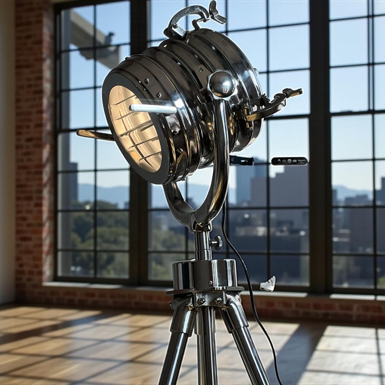 thumbnail image 2 of Handmade Teak Wood Nautical Tripod Floor Or Table Lamp, Adjustable LED, Chrome Finish, India 2 of 6