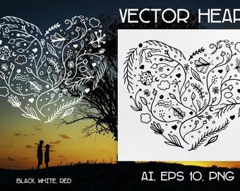 Vector doodle floral Heart Ai, EPS, PNG