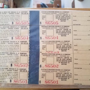 Unused sheet railroad tickets. Chicago & western Indiana RR. Dearborn station. 35cents each article.