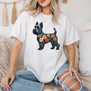 Floral Dog Lover T-Shirt, Pet Gift, Unisex Graphic Tee, Animal Lover Top, Cute Dog Shirt, Summer Style, Scottish Terrier