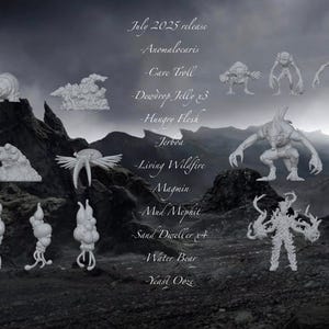 Peut inclure: Une collection de créatures et de monstres fantastiques miniatures blancs, dont un Cave Troll et Living Wildfire, est présentée sur un fond sombre et montagneux. Le texte indique "July 2025 release" et énumère les noms des créatures.