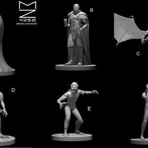 Op de afbeelding: Een verzameling van zes 3D-geprinte beeldjes van fantasiekarakters, waaronder een figuur met een cape, een krijger met een beker, een gevleugeld wezen, een vrouwelijke figuur met klauwhanden, een grommende weerwolf en een persoon in nood. De figuren staan op ronde sokkels.