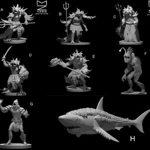 Può includere: Un'immagine in scala di grigi che mostra varie figurine di creature fantasy, tra cui figure umanoidi con caratteristiche acquatiche e un modello dettagliato di squalo. Ogni figura è posizionata su una base, alcune con armi come tridenti e spade. Le figure sono etichettate con lettere.