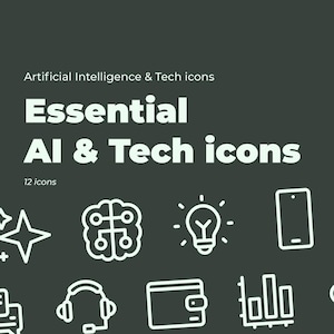 Peut inclure: Graphique vert foncé avec le texte "Essential AI & Tech icons" et 12 icônes blanches. Les icônes incluent une étoile, un cerveau, une ampoule, un smartphone, un ordinateur portable, des bulles de discussion, un casque, un portefeuille, un graphique et un nuage.