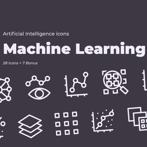 Könnte beinhalten: Dunkelgraue Grafik mit weißen Symbolen zu künstlicher Intelligenz und maschinellem Lernen. Der Text "Machine Learning" ist prominent dargestellt. Das Bild enthält 28 Icons plus 7 Bonus-Icons, darunter Diagramme und eine Lupe.
