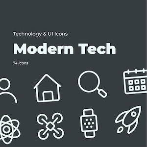 Peut inclure: Un ensemble graphique numérique intitulé Technology & UI Icons Modern Tech 74 Icons avec des icônes en ligne blanche sur fond gris foncé, incluant une personne, une maison, une loupe, un calendrier, un atome, un drone, une montre et une fusée.