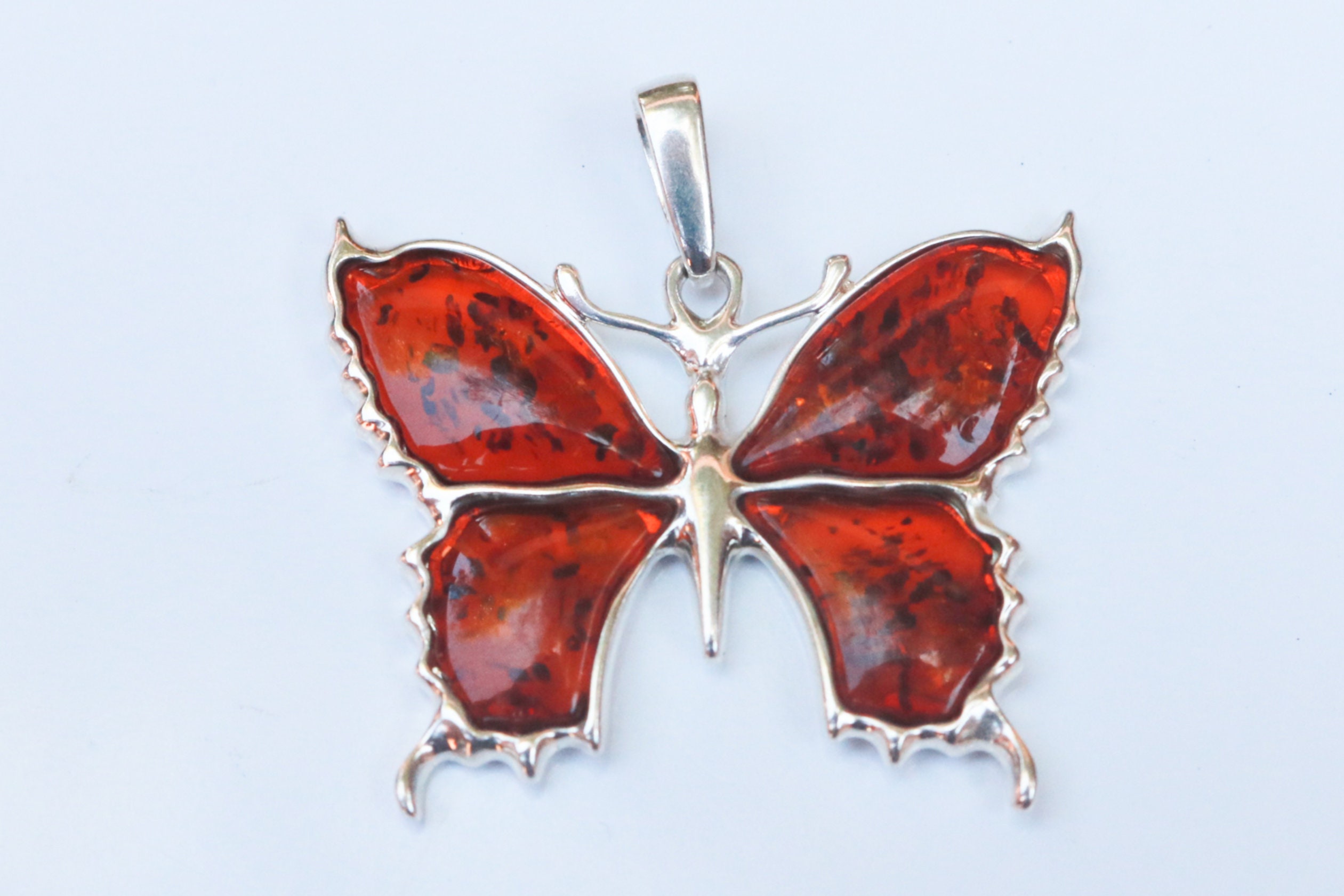 New 925 Sterling Silver & Green & Cognac Baltic Amber Butterfly Pendant