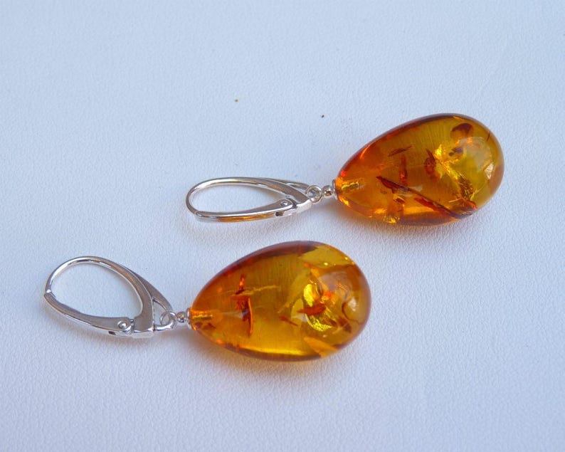 Baltic Amber Earrings Honey Drop Natural Sparkling Natural 1.61 5.6 gram 925 Silver