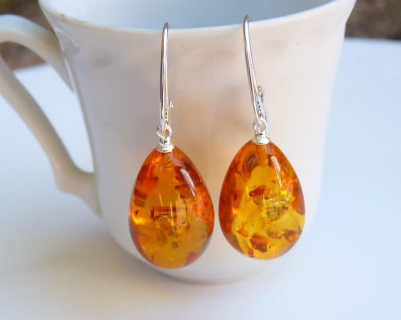 Baltic Amber Earrings Honey Drop Natural Sparkling Natural 1.61 5.6 gram 925 Silver