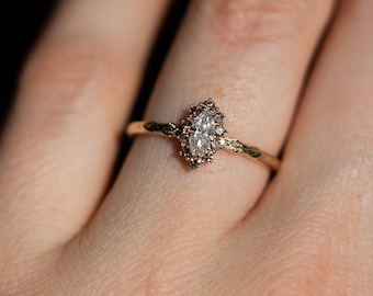 Antique Marquise Cut Moissanite Engagement Ring in Yellow Gold, Victorian Diamond Halo Engraved Ring, Filigree Leaf Nature Inspired Ring