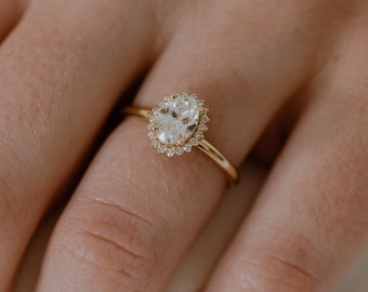 Solid Gold Starburst Oval Cut Moissanite Engagement Ring, Halo Oval Wedding Ring, Anniversary Ring, Moissanite Promise Ring, Gift For Her