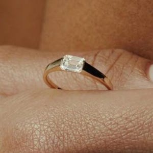 Tension Set Solitaire Emerald Cut Moissanite Engagement Ring, East West Emerald Cut Ring, Anniversary Gift For Women, Suspense Diamond Ring