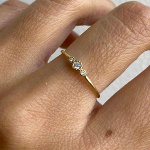 Dainty Round Cut Moissanite Full Bezel Ring, 18K Solid Yellow Gold Ring, Gold Trilogy Ring, Three Stone Ring for Women, Tiny Engagement Ring