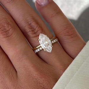 Marquise Moissanite Solitaire Ring, Eternity Wedding Band, Wedding Ring Set, Vintage Engagement Ring Set, Bridal Set 14K Solid Gold Jewelry