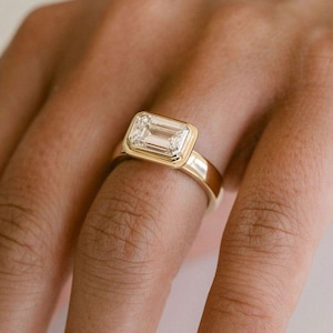 14K Solid Gold Bezel Set Ring, Horizontal Emerald Cut Moissanite Engagement Ring, East West Emerald Cut Ring, Anniversary Gift For Women